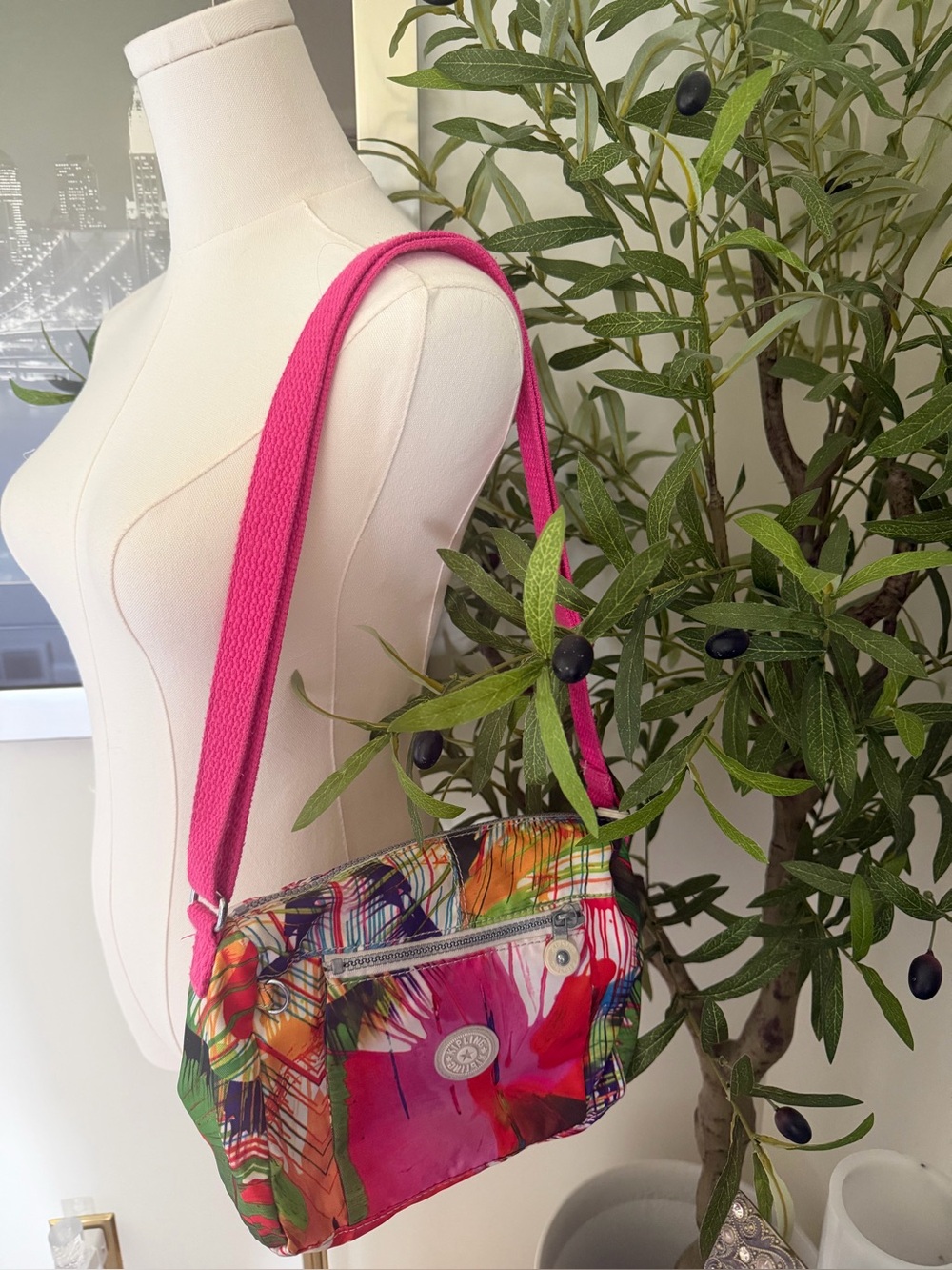 Kipling Colourful Abstract Print Crossbody Bag Pink Strap